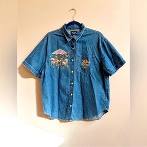 Solutions Vintage Cotton Denim Garden Button Up Short Sleeve Shirt, Cottagecore